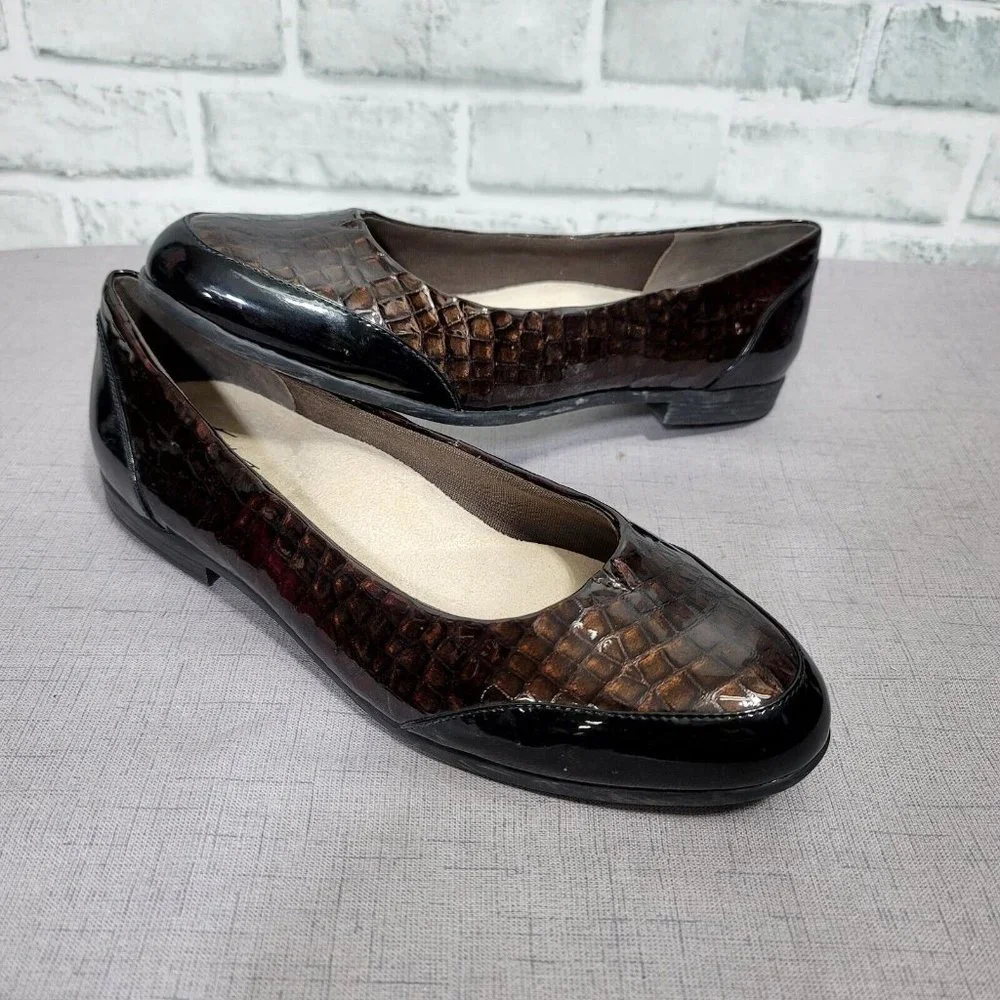 Trotters Estee‎ Brown Croc Embossed Black Patent Pointed Toe Flats 11M T1751-242